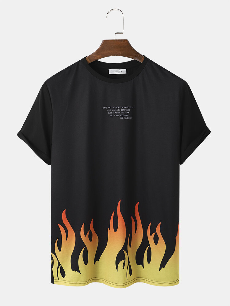 Mens Flame & Slogan Print Crew Neck Short Sleeve T-Shirt