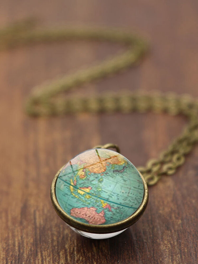 

Double-Sided Glass Ball Women Necklace World Map Pendant Necklace Sweater Chain, Bronze;silver