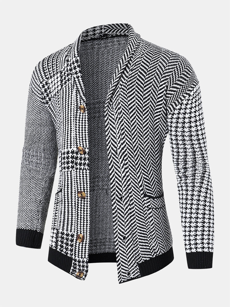 Mens Houndstooth Pattern Patchwork Lapel Button Front Knit Casual Cardigans