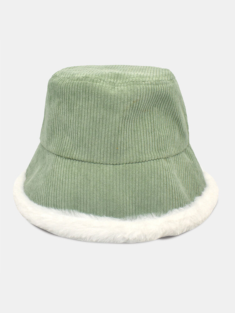Unisex Corduroy Plus Faux Rabbit Fur Solid Color Striped All-match Warmth Bucket Hat