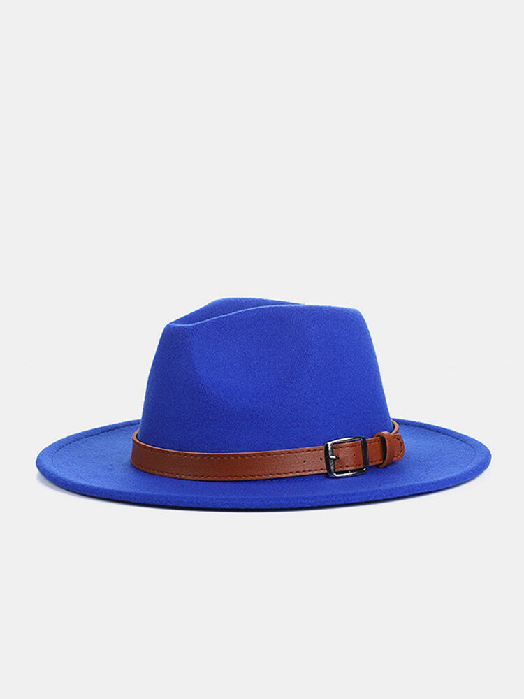 Unisex Woolen Felt Solid Color Buckle Strap Decoration Thicken Flat Brim Top Hat Fedora Hat