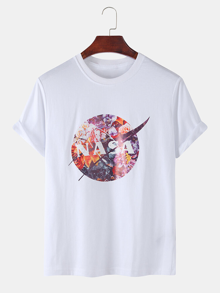 Mens Moon Astronaut Floral Print Casual Holiday Lapel T-Shirt