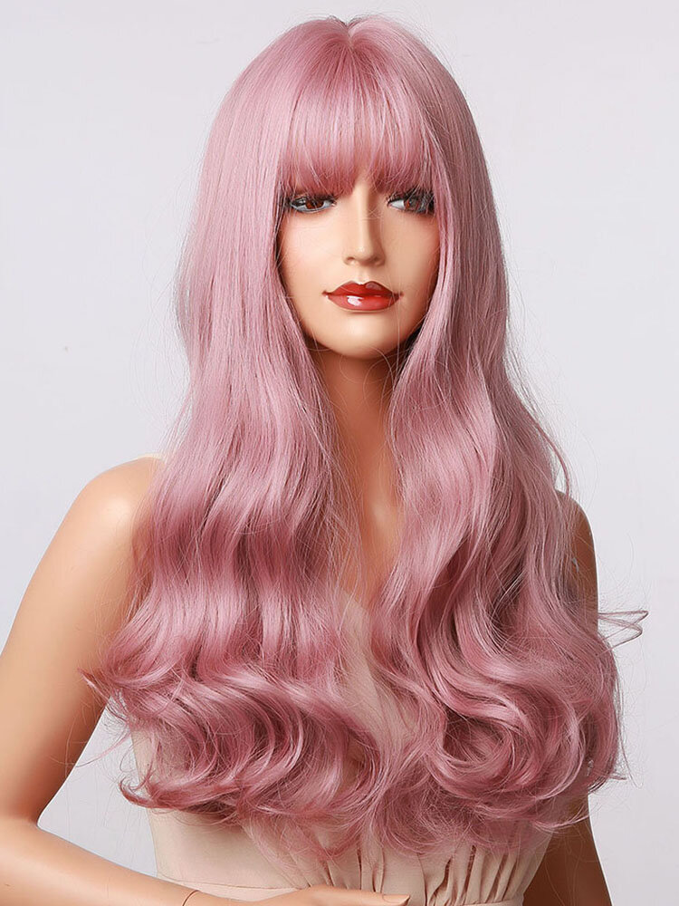 Pink Purple Long Water Wavy Curly Hair With High Density Air Bangs Glossy Elastic Heat Resistant Synthetic Wig For Party Cosplay