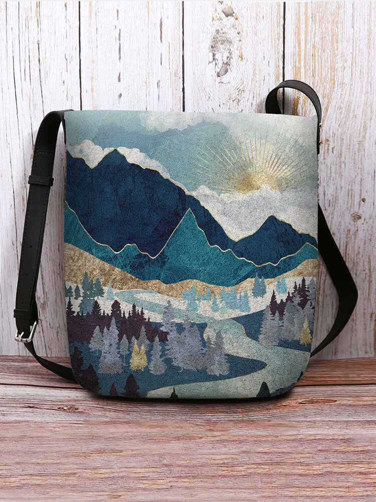 

Women Felt Ladies Treetop Mountain Layers Art Print Bag Crossbody Bag, Green;blue;red