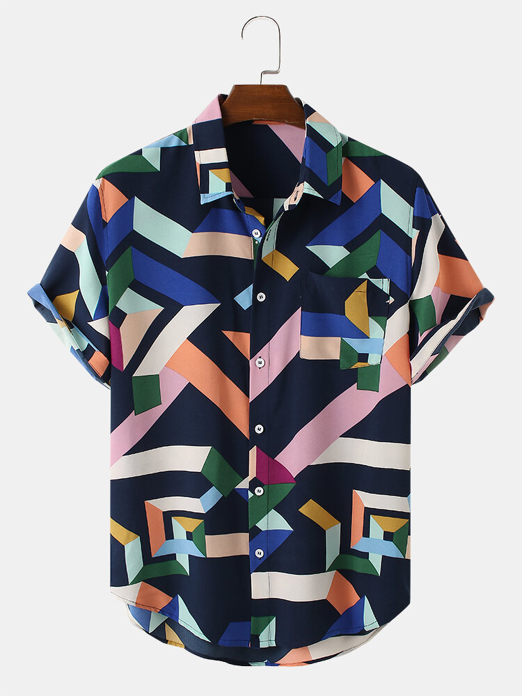 Mens Colorful Geometric Print Street Short Sleeve Shirts With Pocket