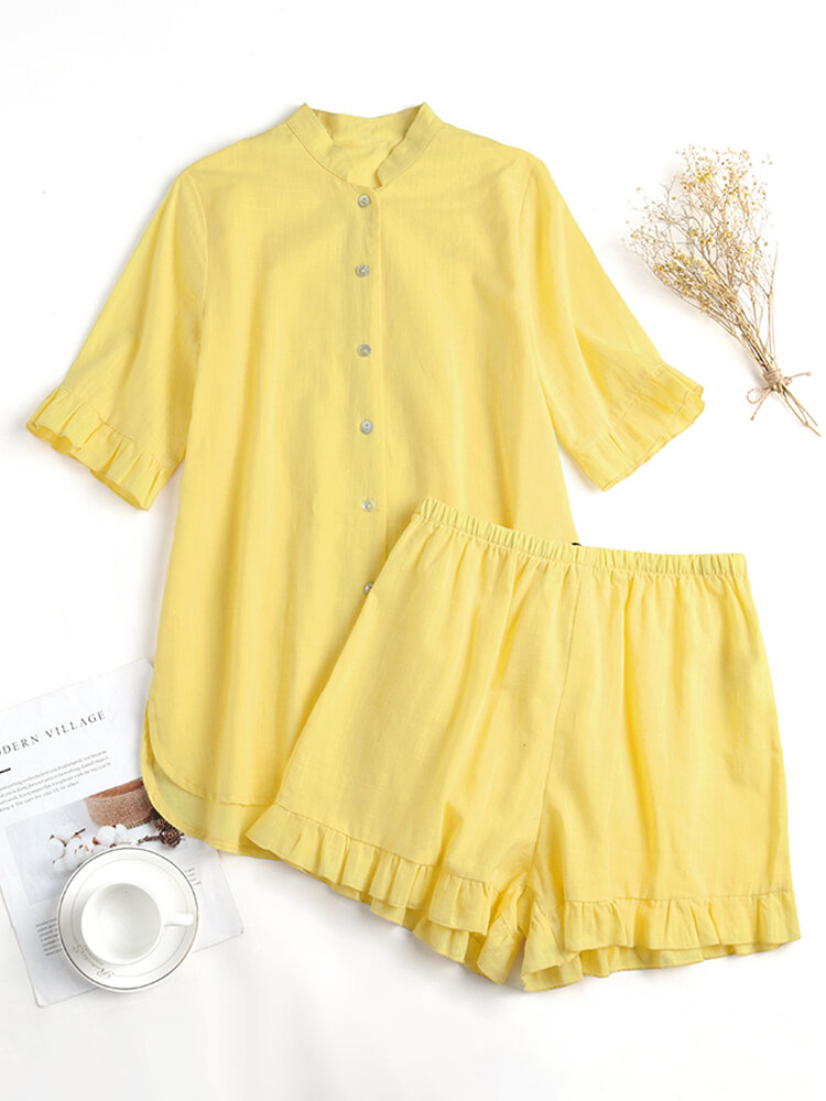Solid Color Button Ruffle Half Sleeve Casual Set
