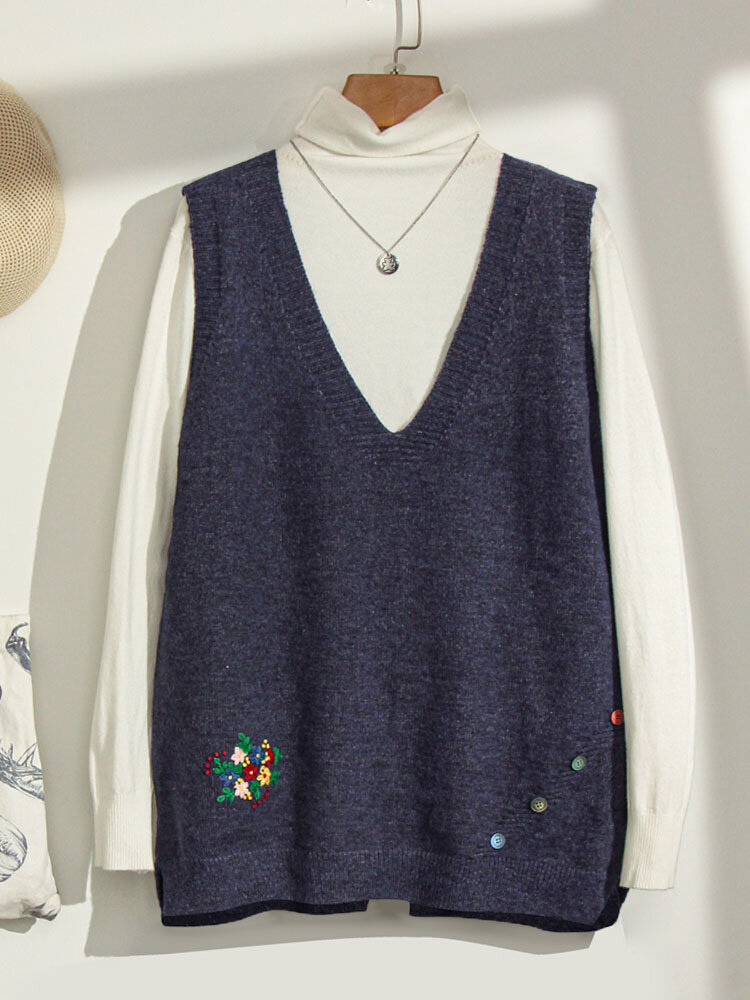 Suéter informal sin mangas con botones bordados de flores de talla grande