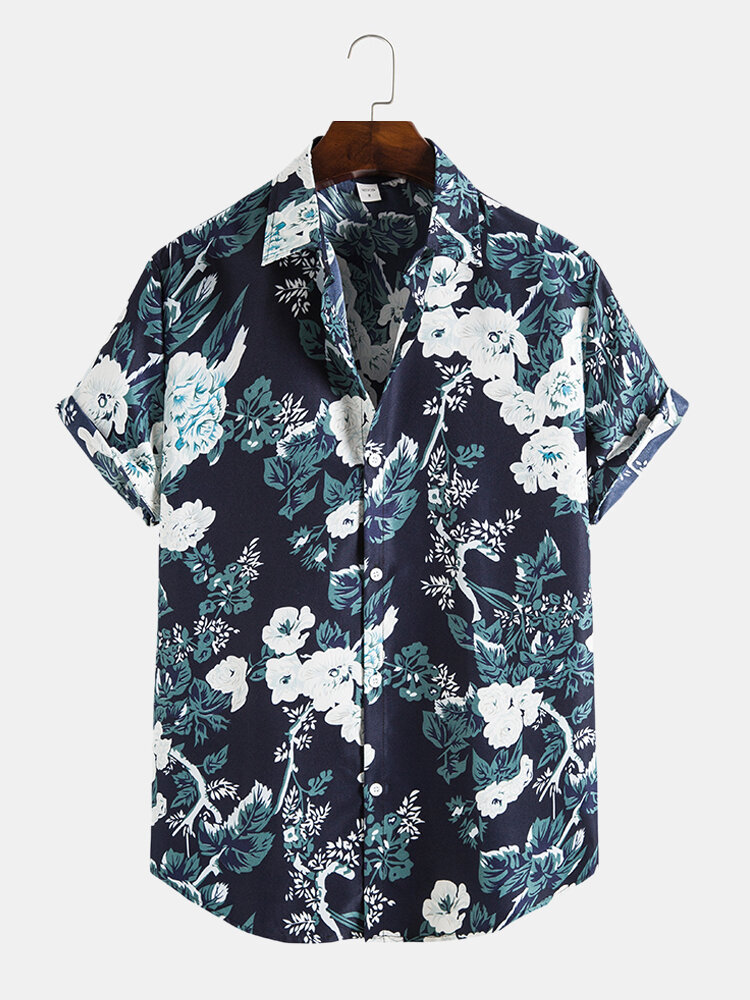 Holiday Mens Plant Floral Print Button Up Short Sleeve Shirt