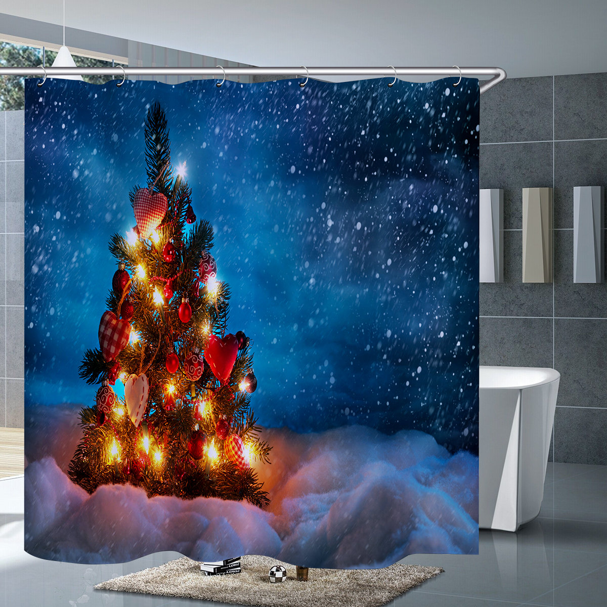 3Pcs Mat Set Bathroom Christmas Tree Shower Curtain Toilet Cover