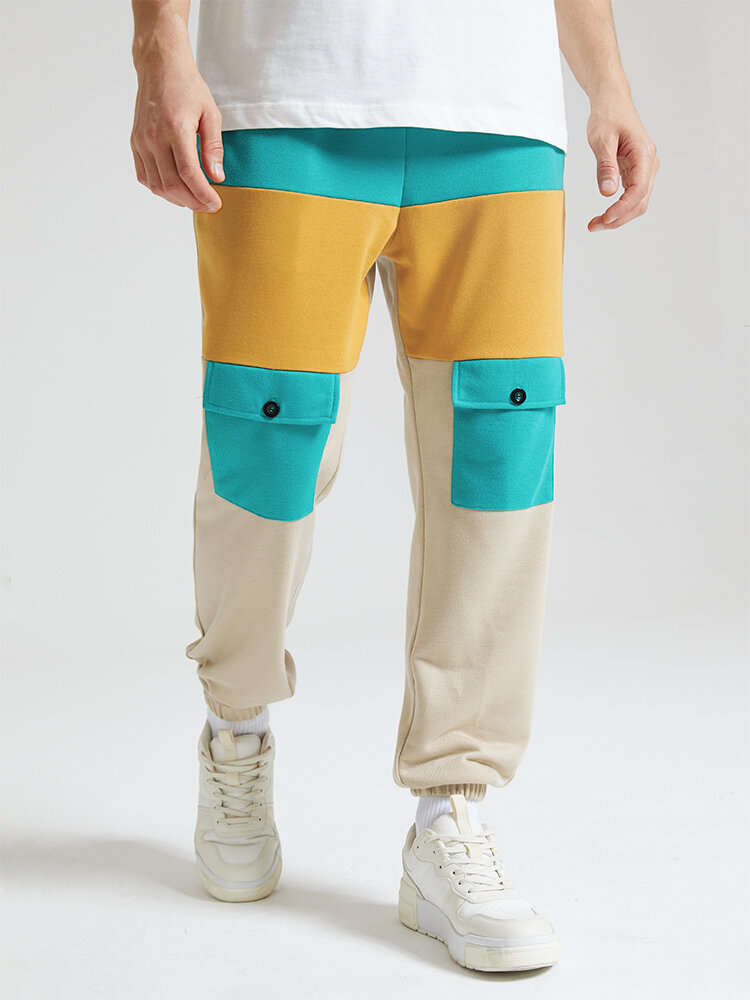 Mens Color Block Patchwork Multi Pocket Street Loose Sweatpants