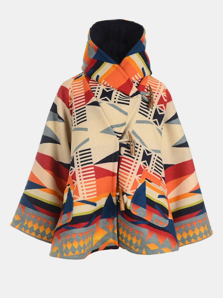 Ethnic Geometric Print Hooded Long Sleeve Vintage Coat For Women