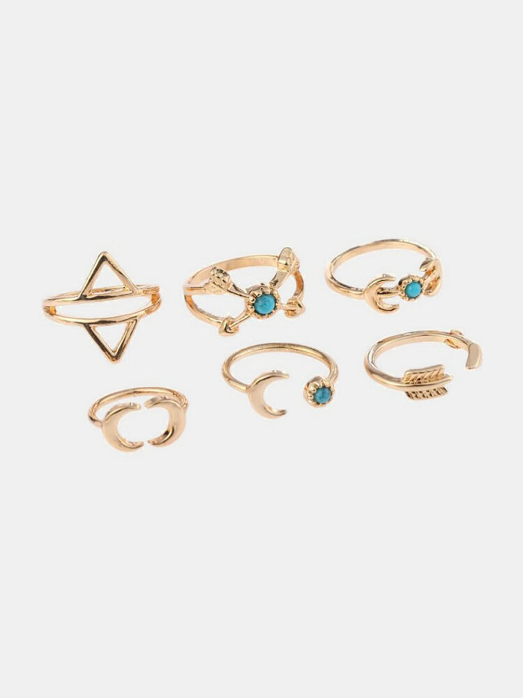 Vintage Set of Fingger Rings Sun Moon Triangle Geometric Bule Turquoise Ethnic Jewelry for Women
