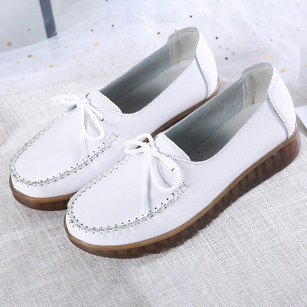 Bowknot Leather Slip On Flat Casual White Shoes
