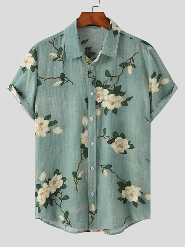 Mens Cotton Linen Ethnic Floral Print Shirt