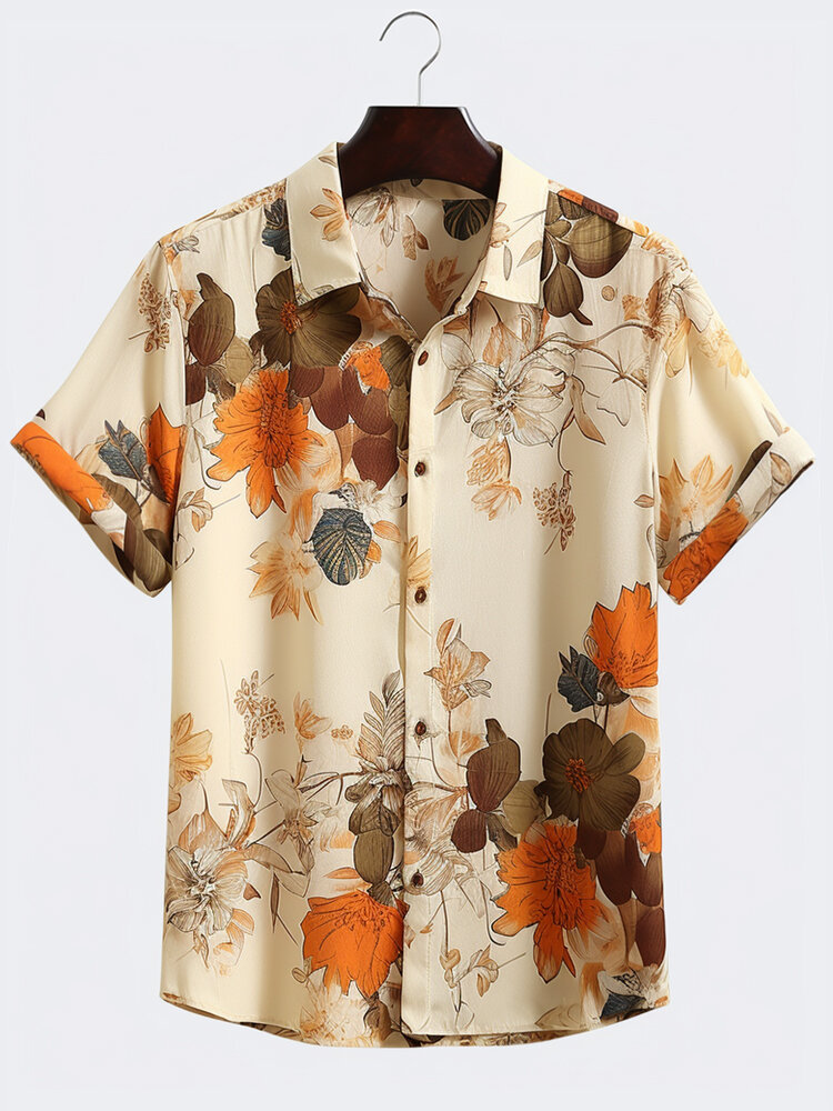 

Mens Floral Plant Print Lapel Hawaiian Vacation Short Sleeve Shirts, Apricot