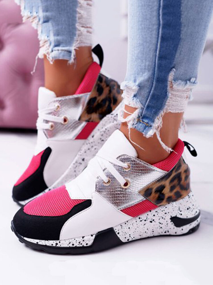 

Women's Large Size Soft Wearable Antiskid Casual Splicing Sports Wedges Shoes, Black;pink;grey;leopard