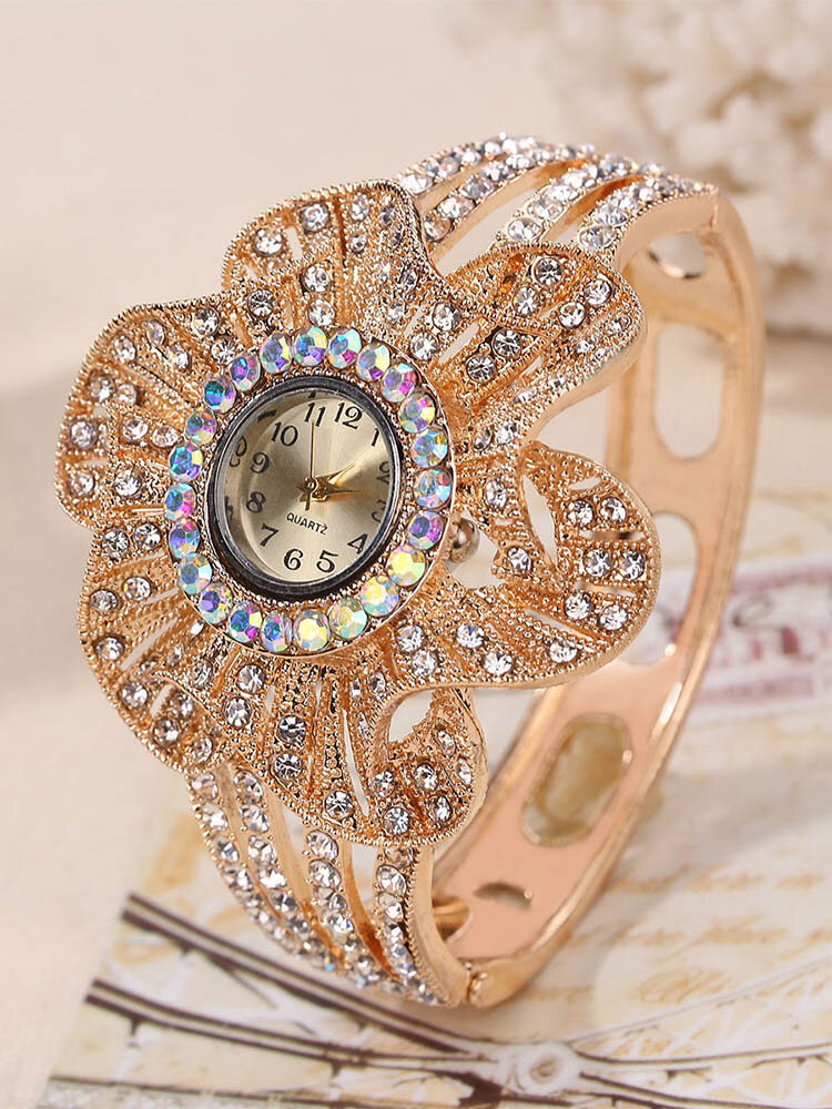 Vintage Geometric Large Flower Disc Bracelet Watch Personality Rhinestone Quartz WristWatch