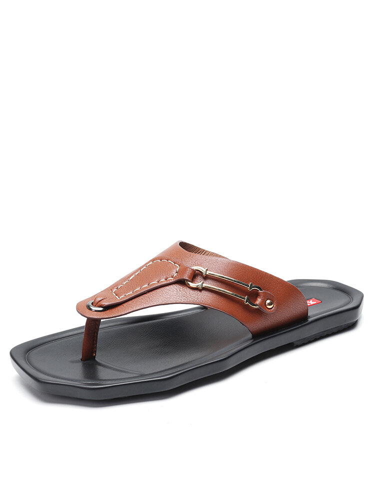 Men Leather Slip Resistant Metal Buckle Soft Casual Beach Slippers