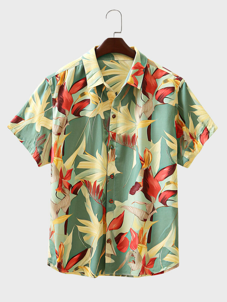 

Mens Tropical Plant Print Hawaiian Vacation Short Sleeve Shirts, Yellow