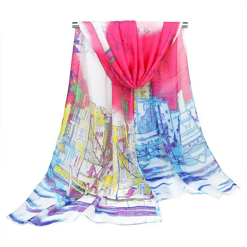Women's Georgette Silk Soft Scarves Shawl High Quality Oil Painting Print Long Scarf