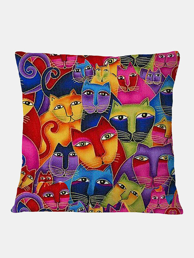 

Colorful Cats Pattern Linen Cushion Cover Home Sofa Art Decor Throw Pillowcase
