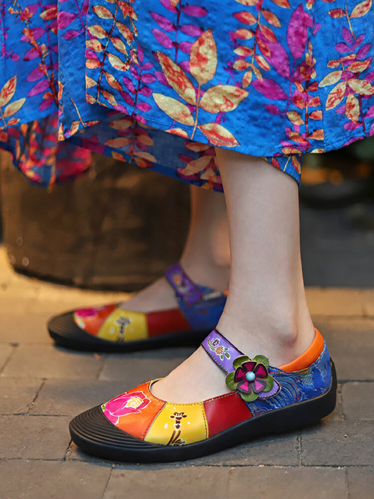 Socofy Retro Bohemian Flower Print Genuine Leather Splicing Colorful Hook Loop Mary Jane Comfy Soft Flats