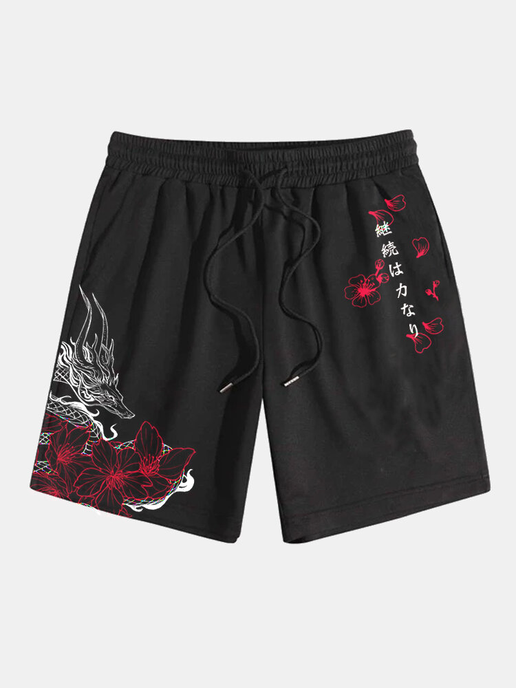Mens Dragon Floral Japanese Print Loose Drawstring Shorts