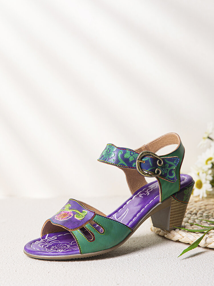 SOCOFY Элегантный вырез для сращивания с цветочным принтом Натуральная Кожа Крюк Петля на массивном каблуке Сандалии
