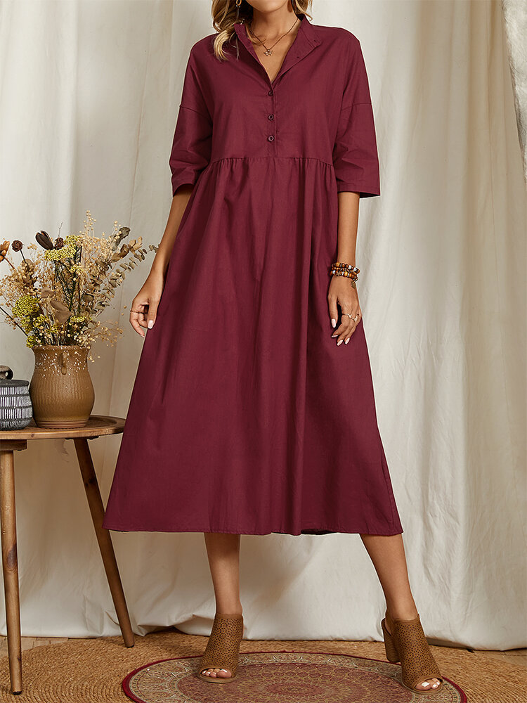 Solid Button Loose 3/4 Sleeve Lapel Casual Dress