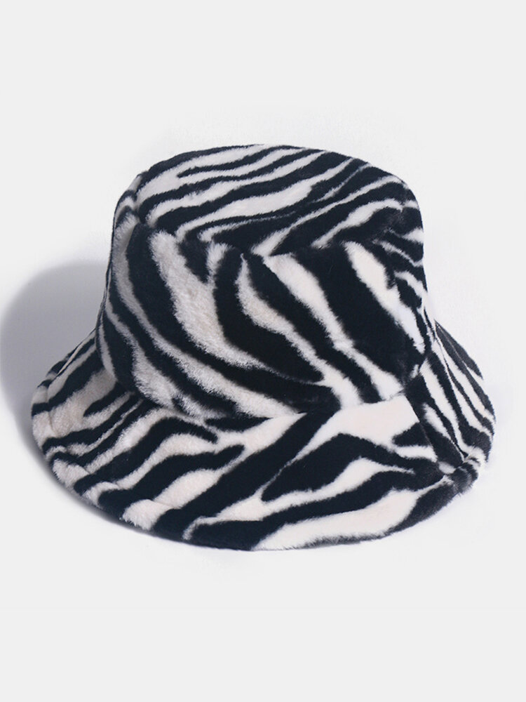 

Women Felt Zebra Pattern Plus Thicken Velvet Warm Windproof Soft All-match Bucket Hat, Blue;khaki;black