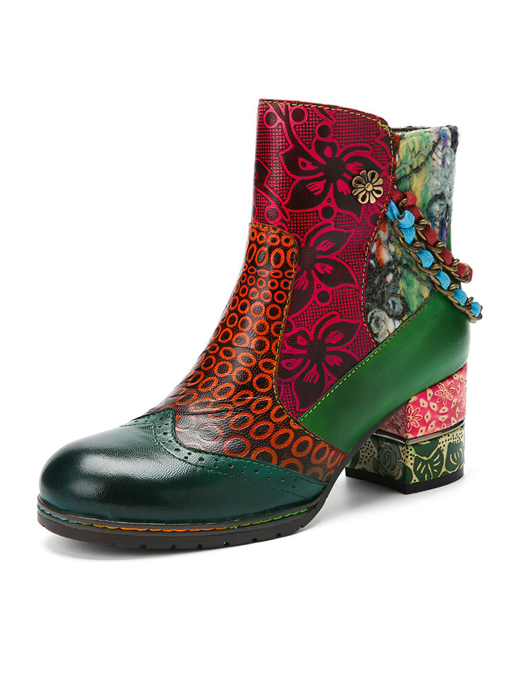 Socofy Vintage Print Metal Chain Color Block Side Zipper Combined Chunky Heel Comfy Leather Boots