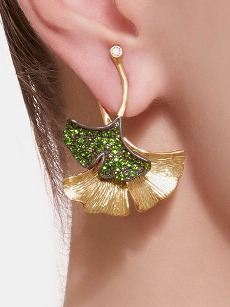 Bohemia 14K Gold Plated Color Separation EarringsRhinestone Leaf Pendant Earrings