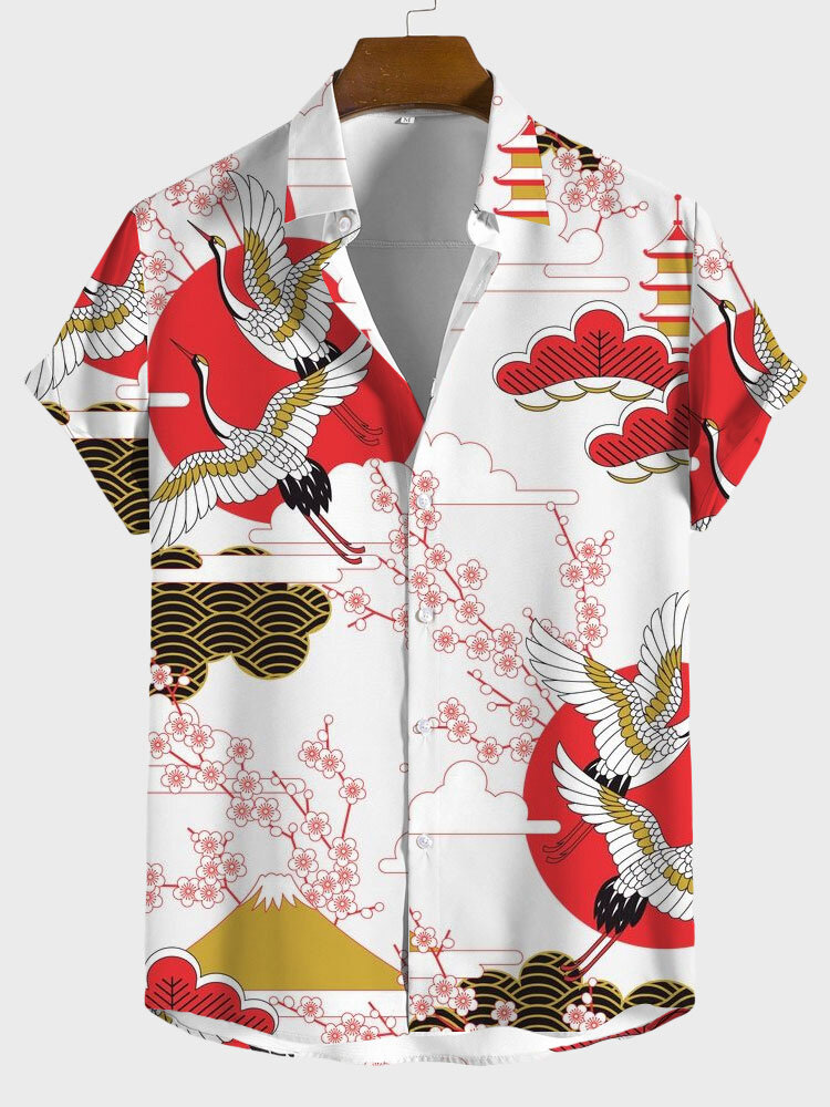 Mens Japanese Floral Crane Print Lapel Short Sleeve Shirts