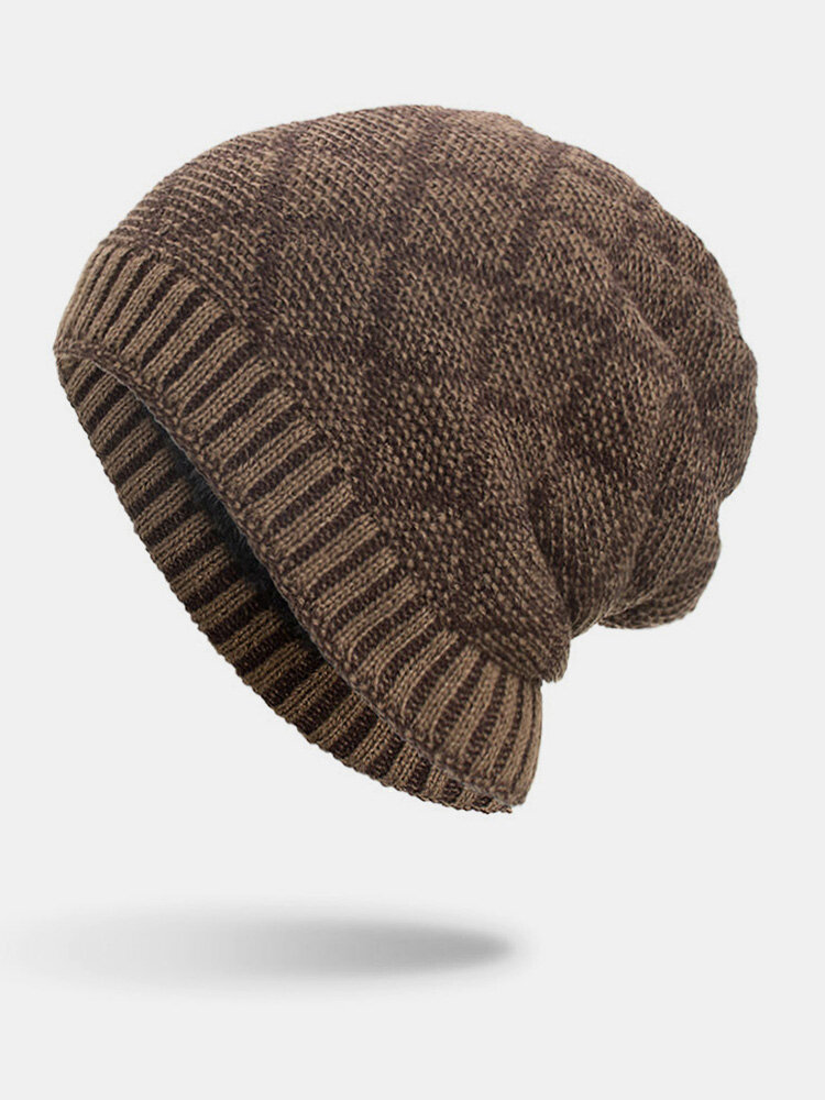 Men Winter Plus Velvet Plaid Pattern Outdoor Knitted Warm Beanie Hat