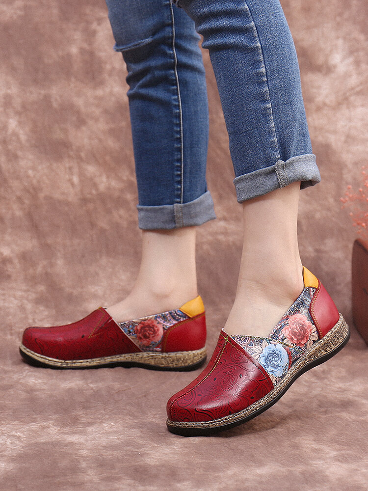 Socofy Retro Flower Print Leather Flats Slip On Bohemian Splicing Loafers