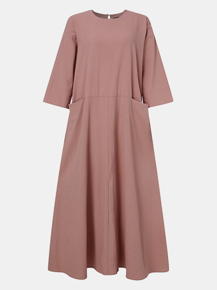 Solid Color Plain O-neck Pocket Long Sleeve Casual Dress for Women