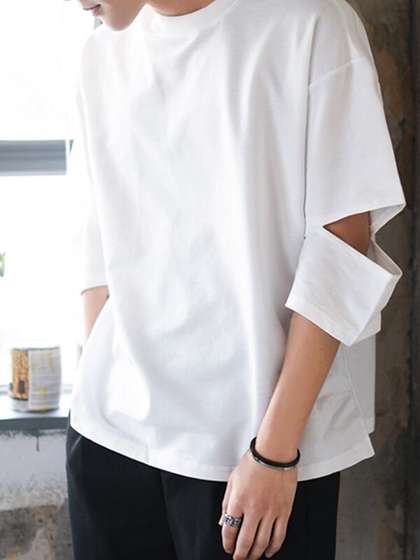 

Mens Solid Cutout Half Sleeve Casual T-Shirt, Black;white