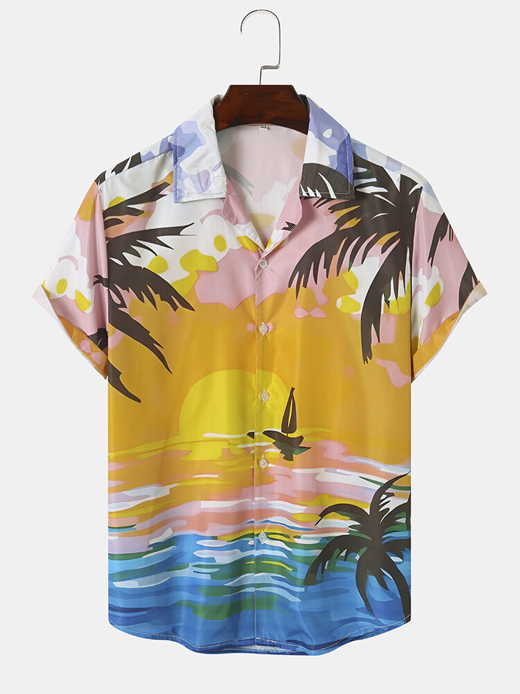 

Men Sunset Landscape Print Beachwear Soft Comfy Breathable All Matched Shirts, Yellow