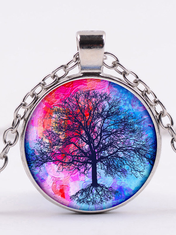 Vintage Gemstone Glass Printed Women Necklaces Colored Tree Of Life Pendant Necklaces
