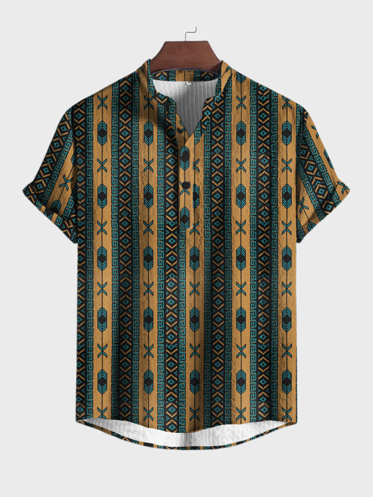 Camisas masculinas vintage com estampa geométrica étnica soltas manga curta Henley