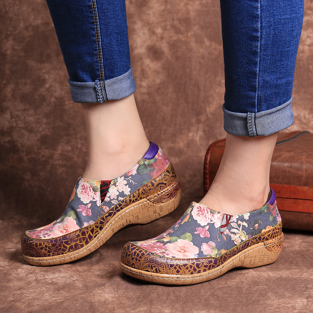 SOCOFY Super Comfy Bloom Flowers Splicing Retro Veins Stitching Slip On Leather Flat Shoes For Women