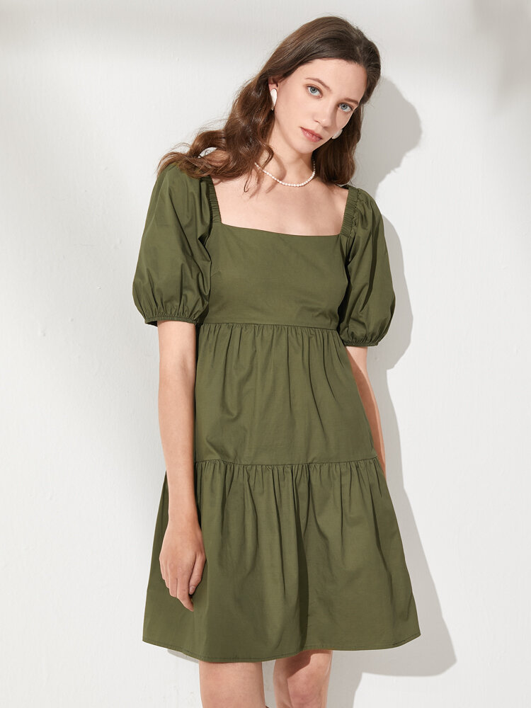 Solid Backless Tie Back Ruffle Short Sleeve Square Collar Dress