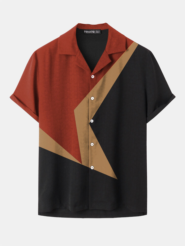 

Mens Irregular Colorblock Patchwork Revere Collar Casual Short Sleeve Shirts, Orange red
