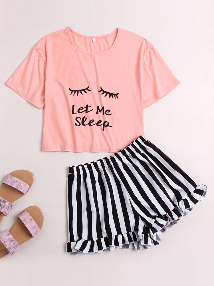 

Letters Print Pajamas Set Short Top O-Neck Plus Size Loungewear With Striped Flounce Trim Panty, Pink;yellow;black