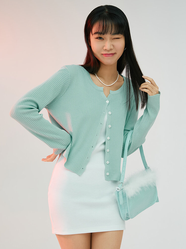

Solid Button Ribbed-knit Long Sleeve Cardigan For Women, White;pink;green;black;apricot;blue