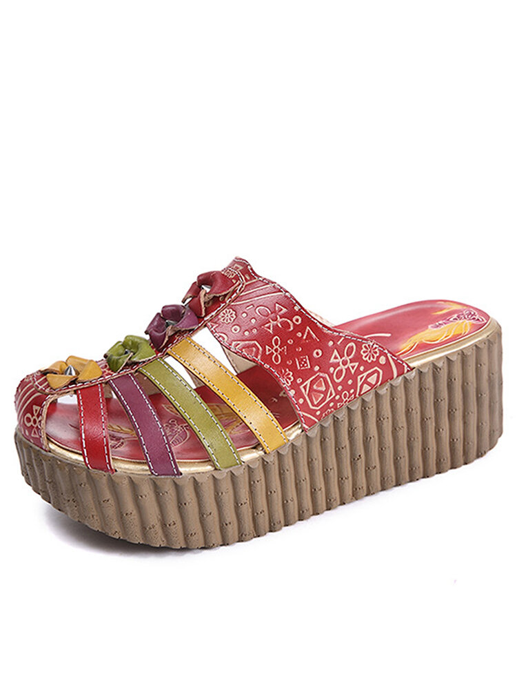 Socofy Genuine Leather Handmade Comfy Summer Vacation Bohemian Ethnic Colorblock Floral Decor Wedges Sandals