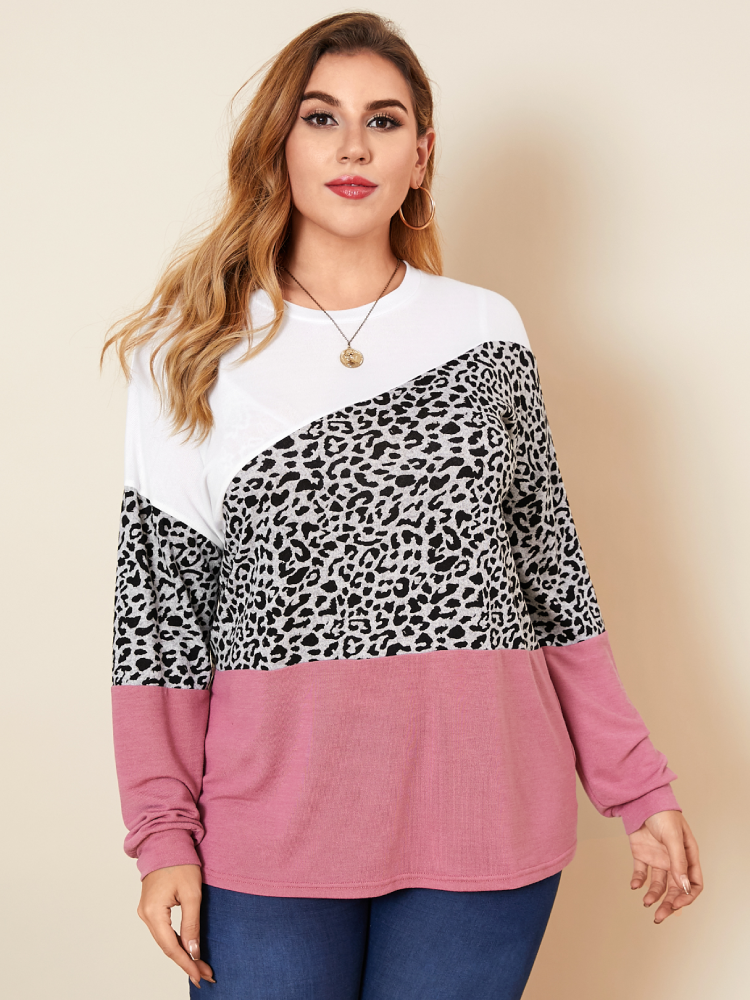 Leopard Print Patchwork O-neck Long Sleeve Plus Size Sweater for Women