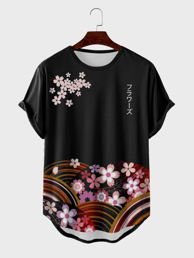 

Mens Japanese Floral Print Crew Neck Curved Hem Short Sleeve T-Shirts, Black