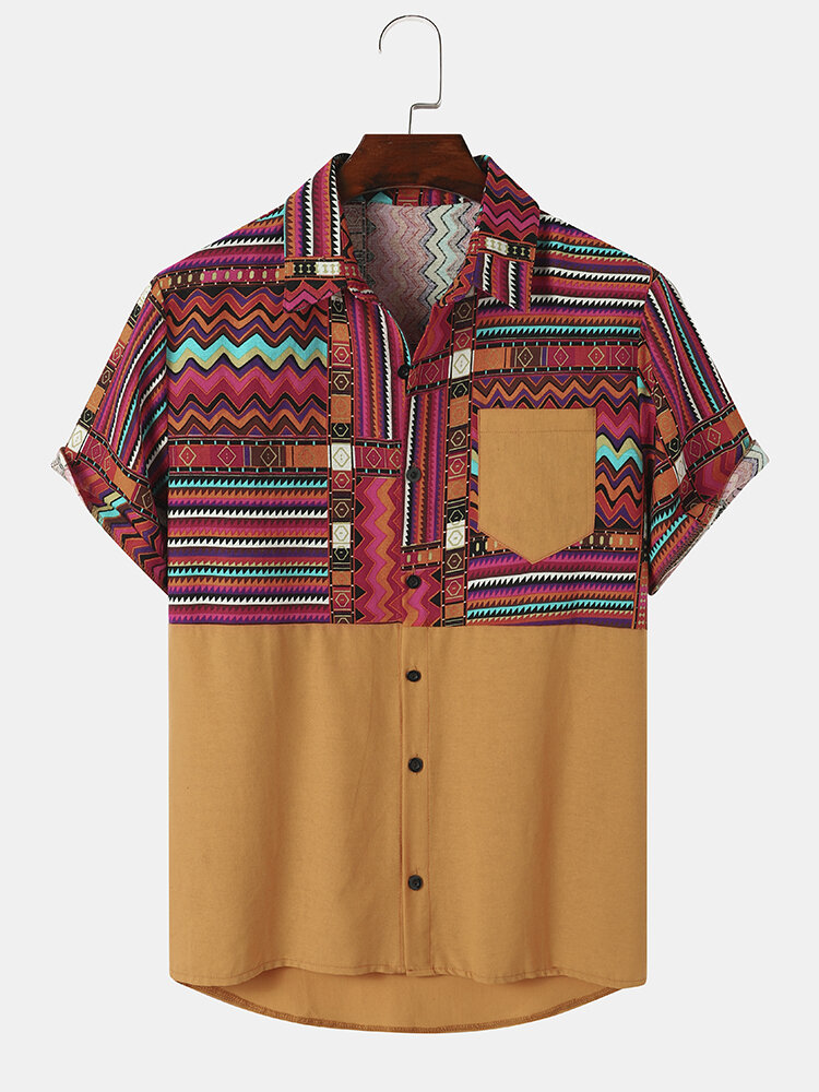 Mens Ethnic Geometric Print Chest Pocket Cotton Short Sleeve Shirts