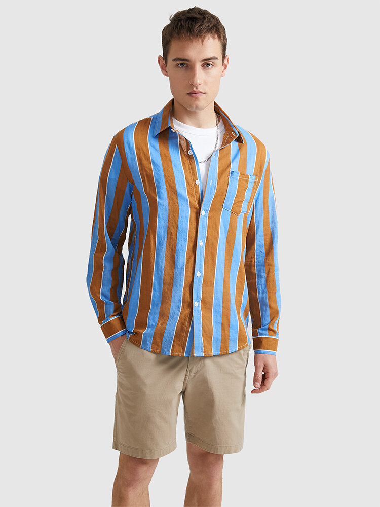 Mens Cotton Vertical Striped Lapel Holiday Long Sleeve Shirts